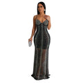 C6841 cross-border   fashion women's solid color mesh rhinestone camisole maxi dress