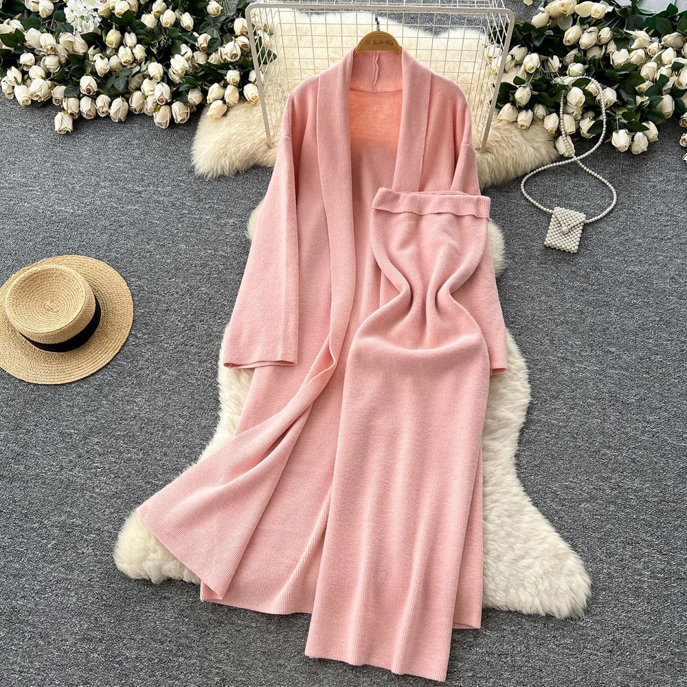 Minimalist solid color knitted mature woman's winter set: slim-fit bandeau dress with long cardigan coat