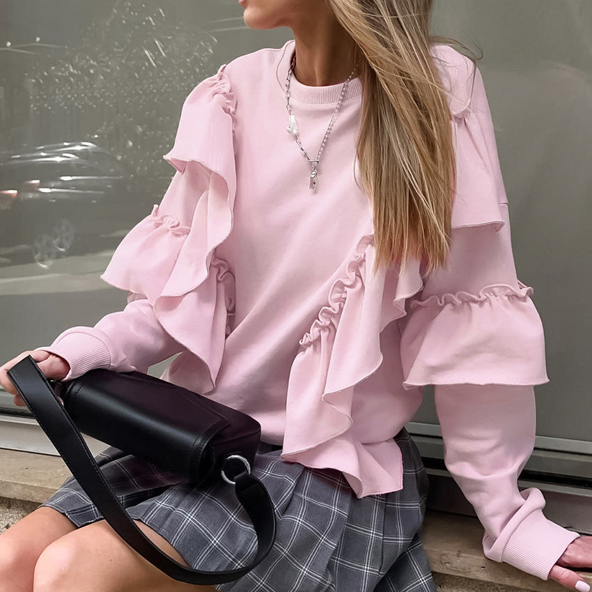 Design ruffle edge American sweater 2025 spring street pink round neck long sleeve pullover loose women's clothing