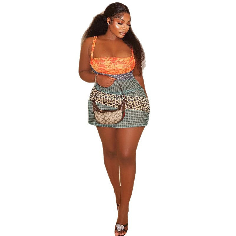 European and american style women's foreign trade printed patchwork slimming bodycon mini dress casual camisole off-the-shoulder sleeveless dress