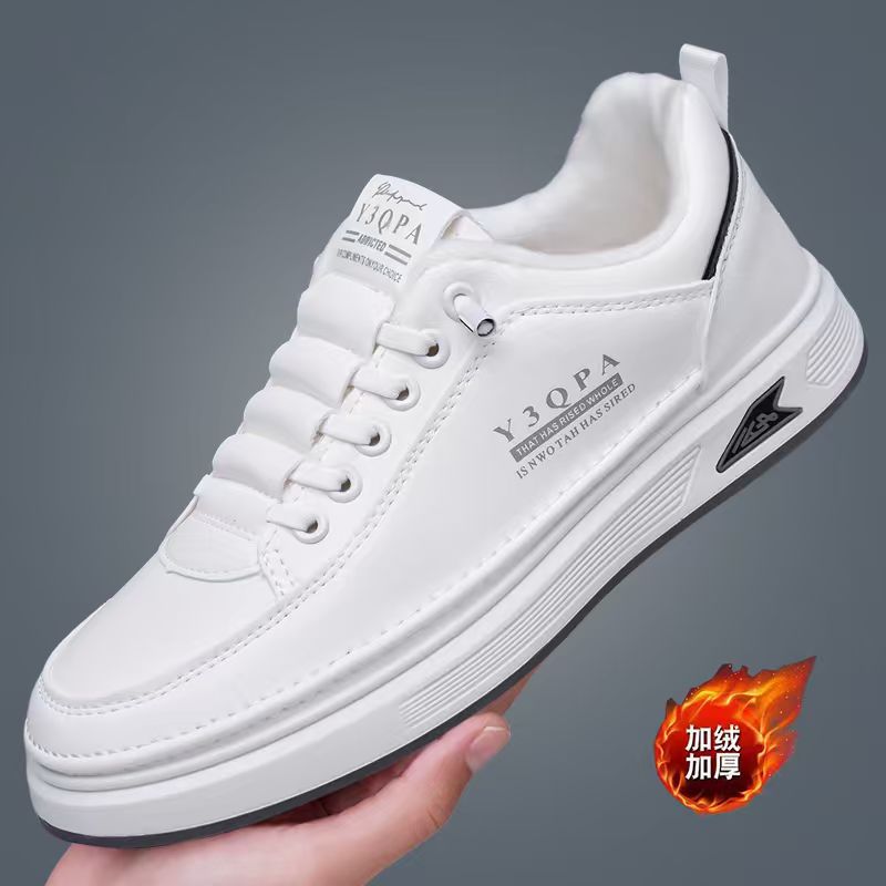 Winter men's new arrivals: versatile trendy white sneakers - non-slip, soft sole, athletic & casual shoes with thickened fleece lining for extra warmth