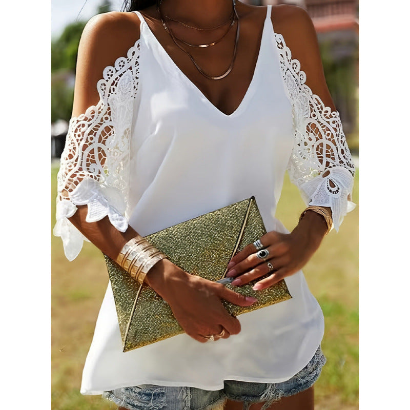 summer new european and american style lace off-the-shoulder v-neck camisole loose casual top women's clothing
