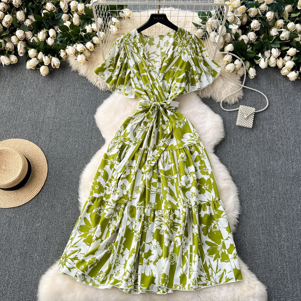 French retro lisianthus dress -  summer new arrival: tie-waist, design-forward, elegant floral chiffon dress