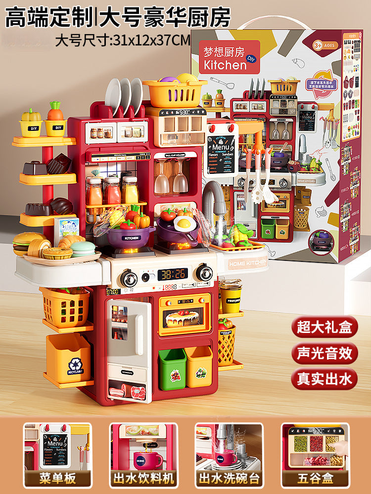 Kids' kitchen simulation playset with touchscreen functionality: cooking station, refrigerator, burgers, desserts – pretend play for boys and girls