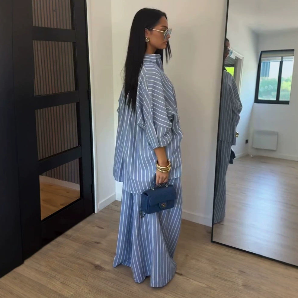 European and american cross-border women's clothing  summer new fashion loose plus size striped shirt wide leg pants casual set