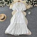 French chic pink lantern sleeve dress - summer romantic tie-waist a-line dress - slimming & commute-friendly