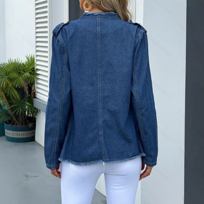 PD08571 European and American   women's denim blazer single-breasted stand-up collar jacket women's solid color