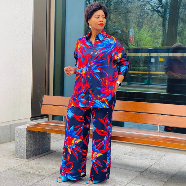 European and American women's clothing large size fashion lapel printed cardigan shirt trousers set African foreign casual two-piece set women