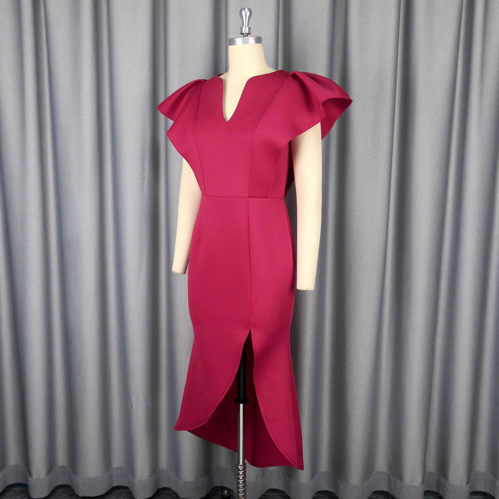 new v-neck flutter sleeve dress ruffle trim bodycon party evening gown