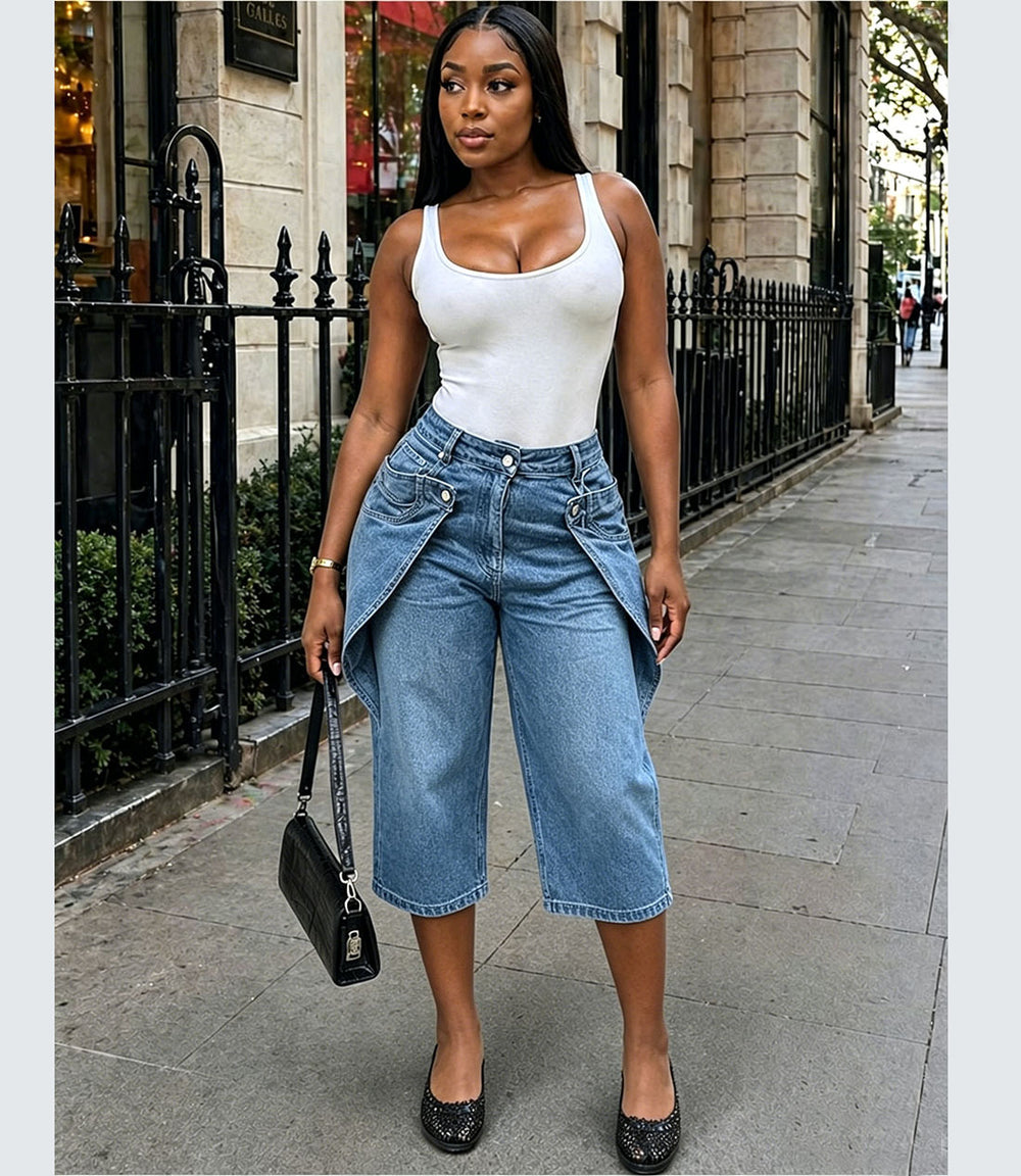European and american style high-waisted cropped jeans - new  cross-border women's fashion with asymmetrical button design and wide leg