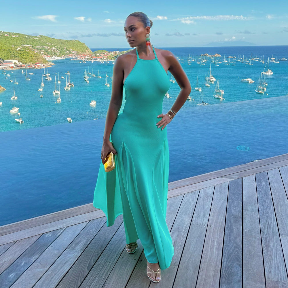 European and american cross-border women's fashion:  summer new arrival - elegant halter neck sleeveless slim-fit spliced cami dress