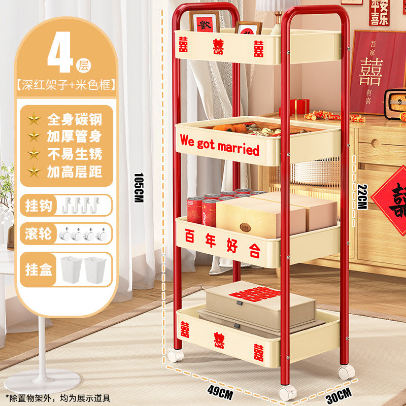 Red trolley rack Wedding household Wedding engagement arrangement Happy New Year's Day Spring Festival Floor storage shelf