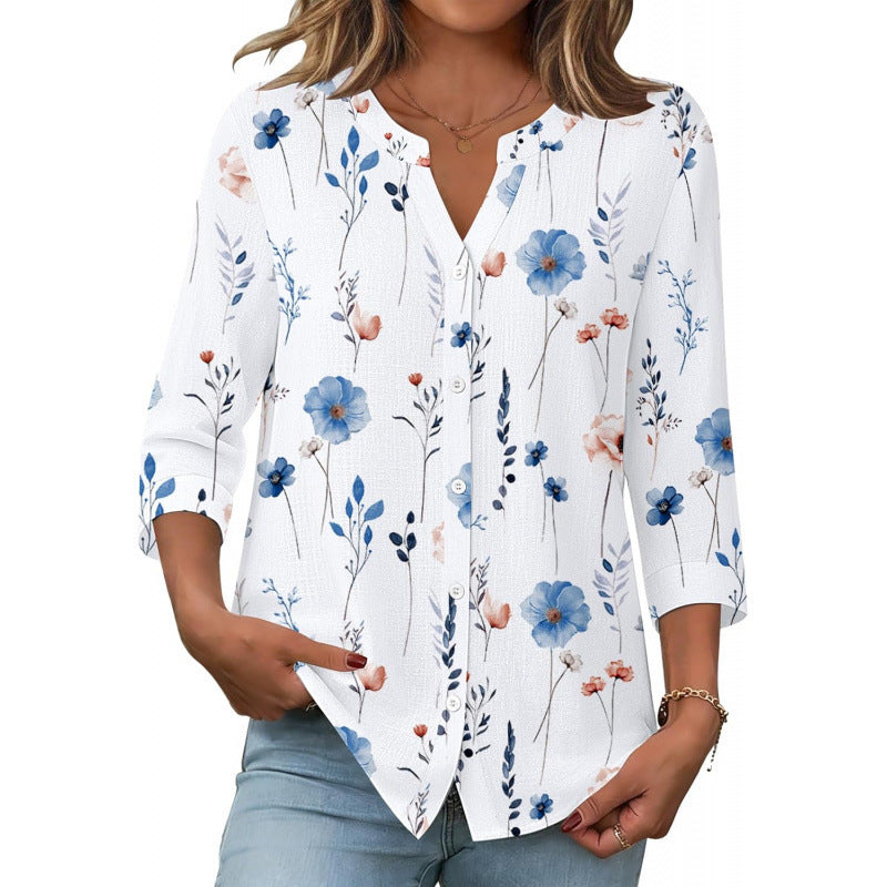 Amazon european goods  summer button-down shirt, three-quarter sleeve v-neck blouse, fashionable casual loose top