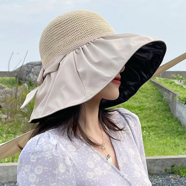 Summer women's vinyl coated large brim bow visor anti-ultraviolet hollow sun hat bucket hat