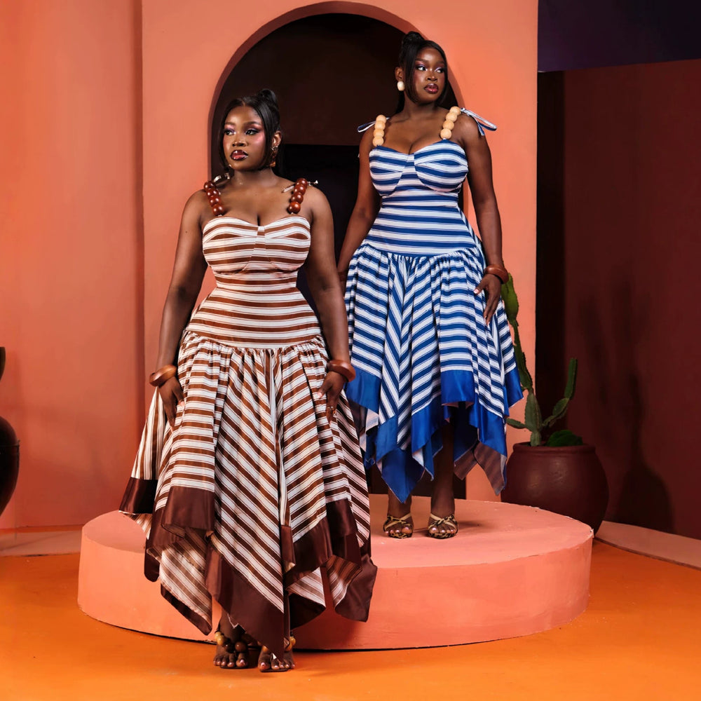 European and american cross-border women's fashion:  summer new arrivals - stylish and elegant striped high-waisted bodycon asymmetrical slip dress
