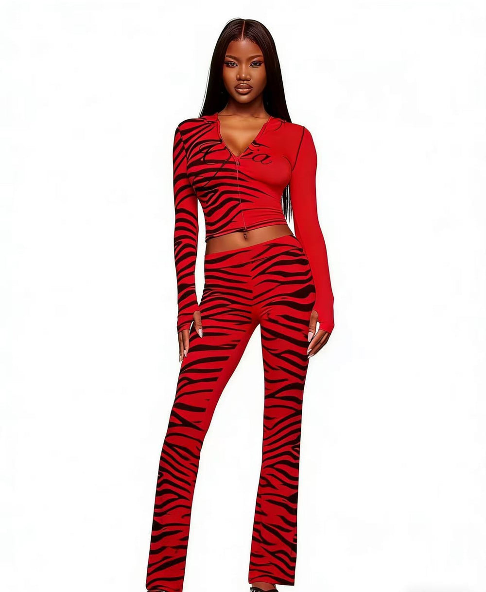 European and american animal print digital print hooded color block stretch outerwear top and pants set - influencer style
