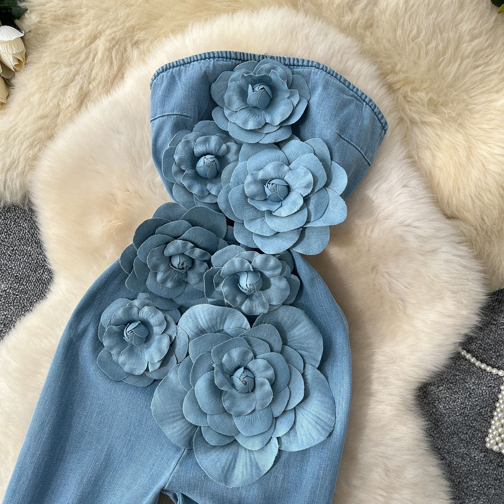 Spring and summer fashionins heavy industry stereo flower sleeveless tube top waist silm denim jumpsuit flared pants for women