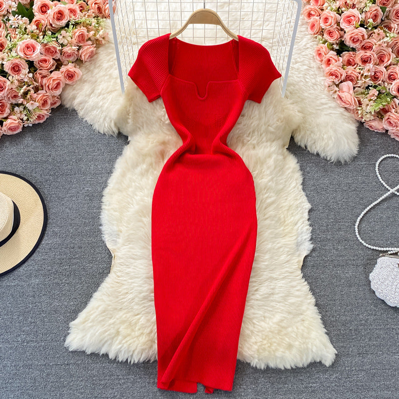 Fitted and slimming square neck knit dress - short sleeve,  summer new arrival, chic and sexy, bodycon maxi dress