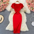 Fitted and slimming square neck knit dress - short sleeve,  summer new arrival, chic and sexy, bodycon maxi dress