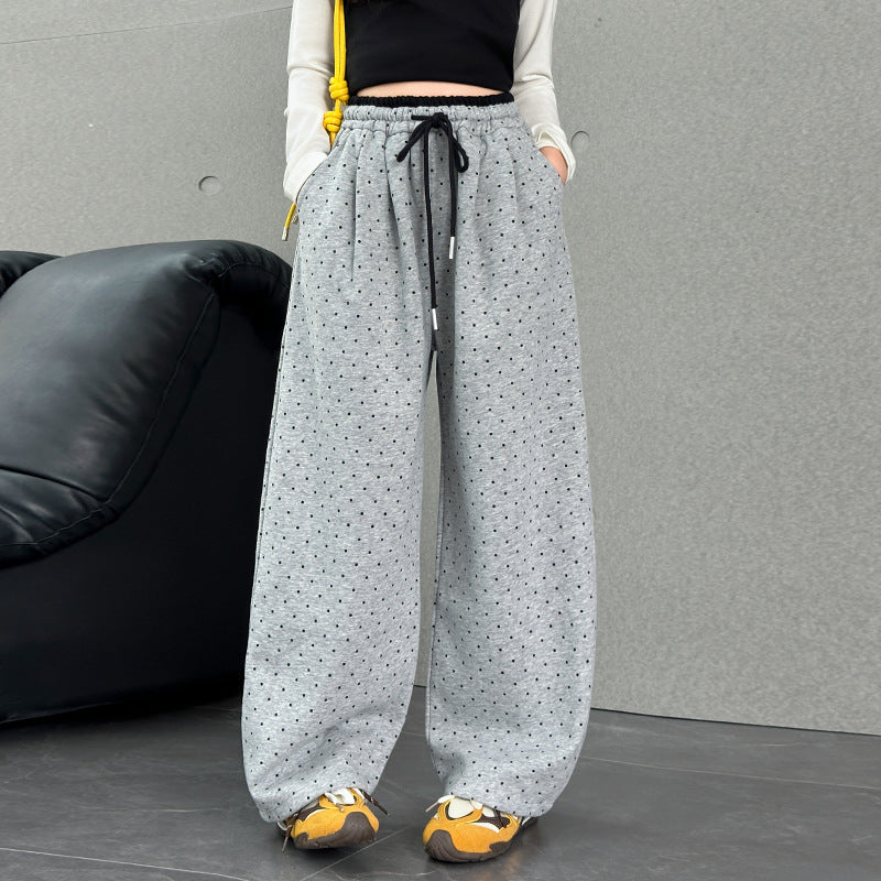 Girls' spring and autumn pants  new style: korean style polka dot wide-leg pants for big girls, kids' casual straight-leg trousers