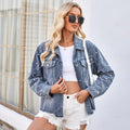 European and american cross-border women's spring new arrivals:  independent store washed beaded long sleeve casual denim jacket top