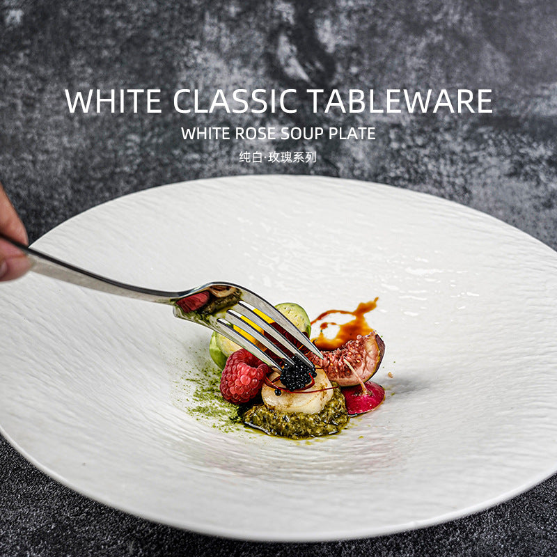 European-style embossed pure white tableware ceramic folded edge bowl large capacity ceramic salad fruit table stylish creative noodle bowl