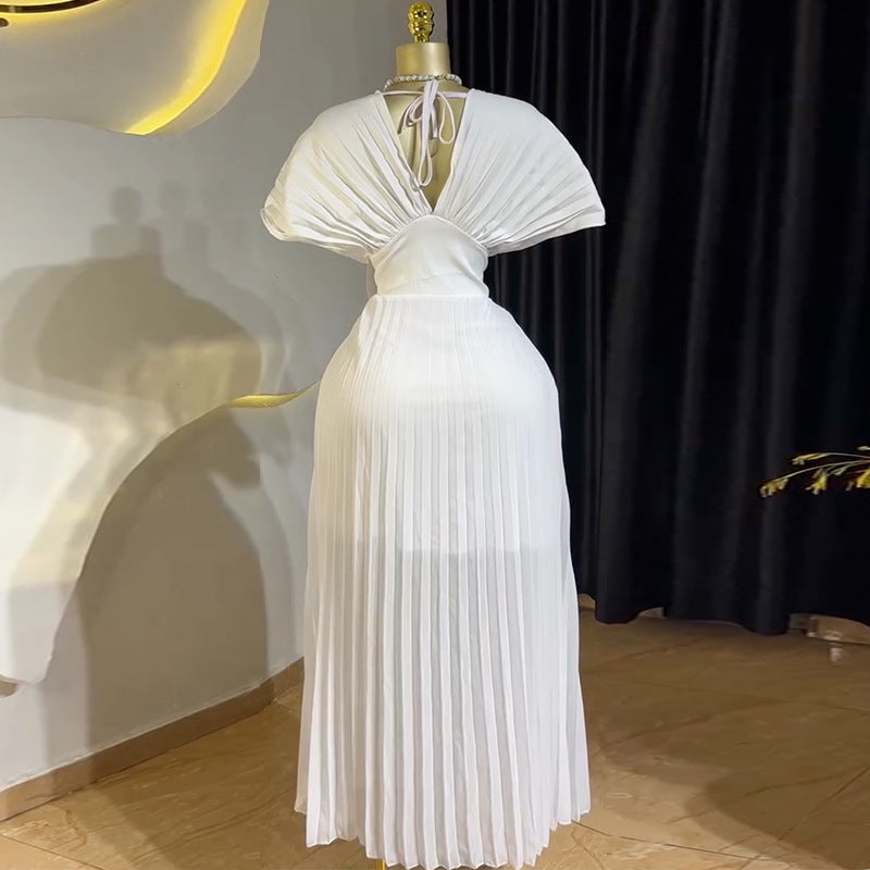 European and american women's clothing  summer new arrival: elegant pleated v-neck batwing sleeve high-waisted a-line maxi dress