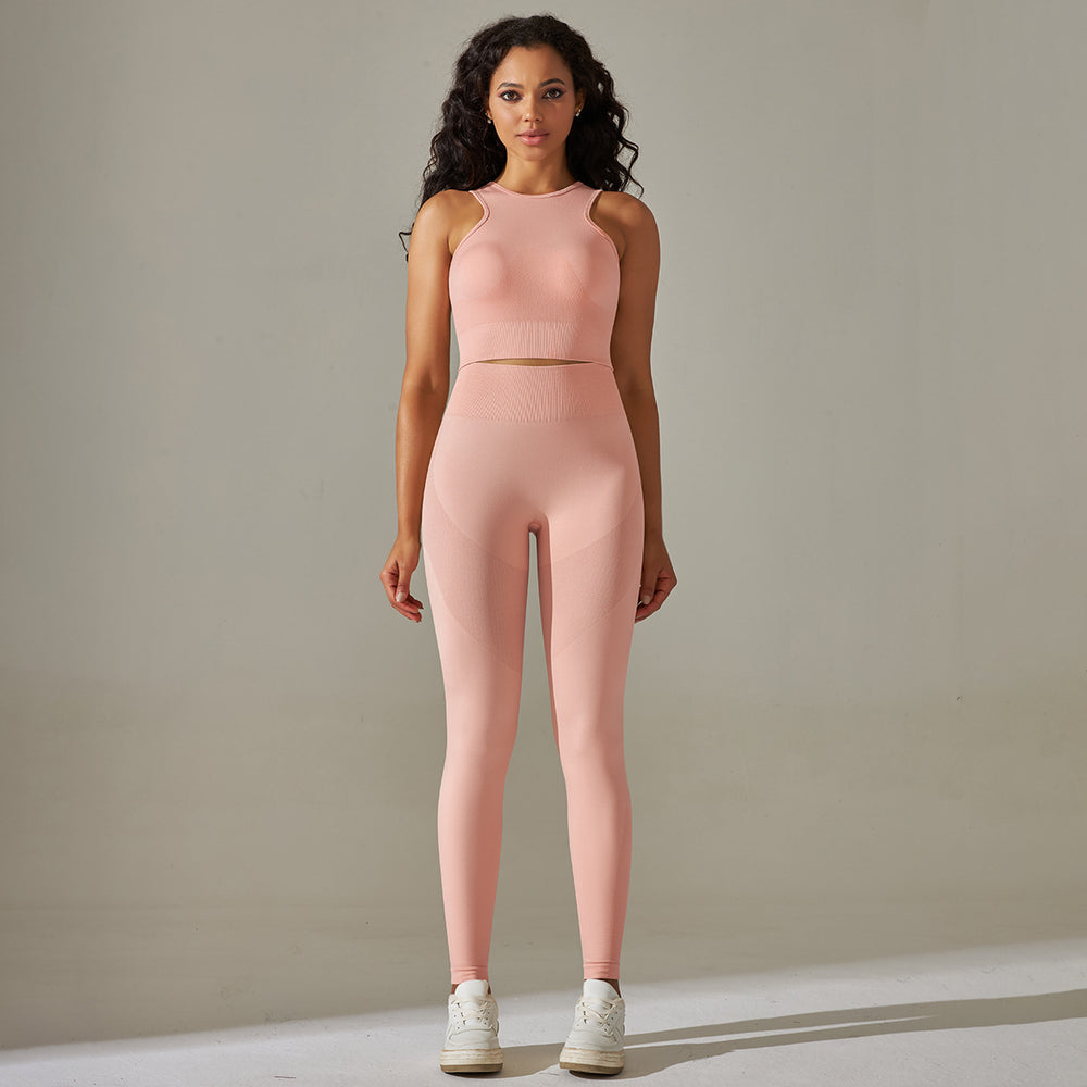 fashion seamless peach solid color tight high elastic vest yoga suit sports fitness yoga suit two-piece set