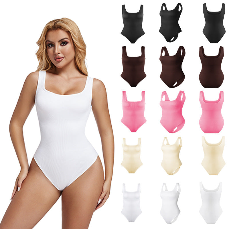 2023  Europe and the United States  hot-selling seamless threaded vest waist shaping square collar onesie