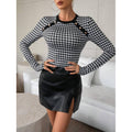 Women's houndstooth print long sleeve slim fit top with button detail - perfect for parties and nightclubs