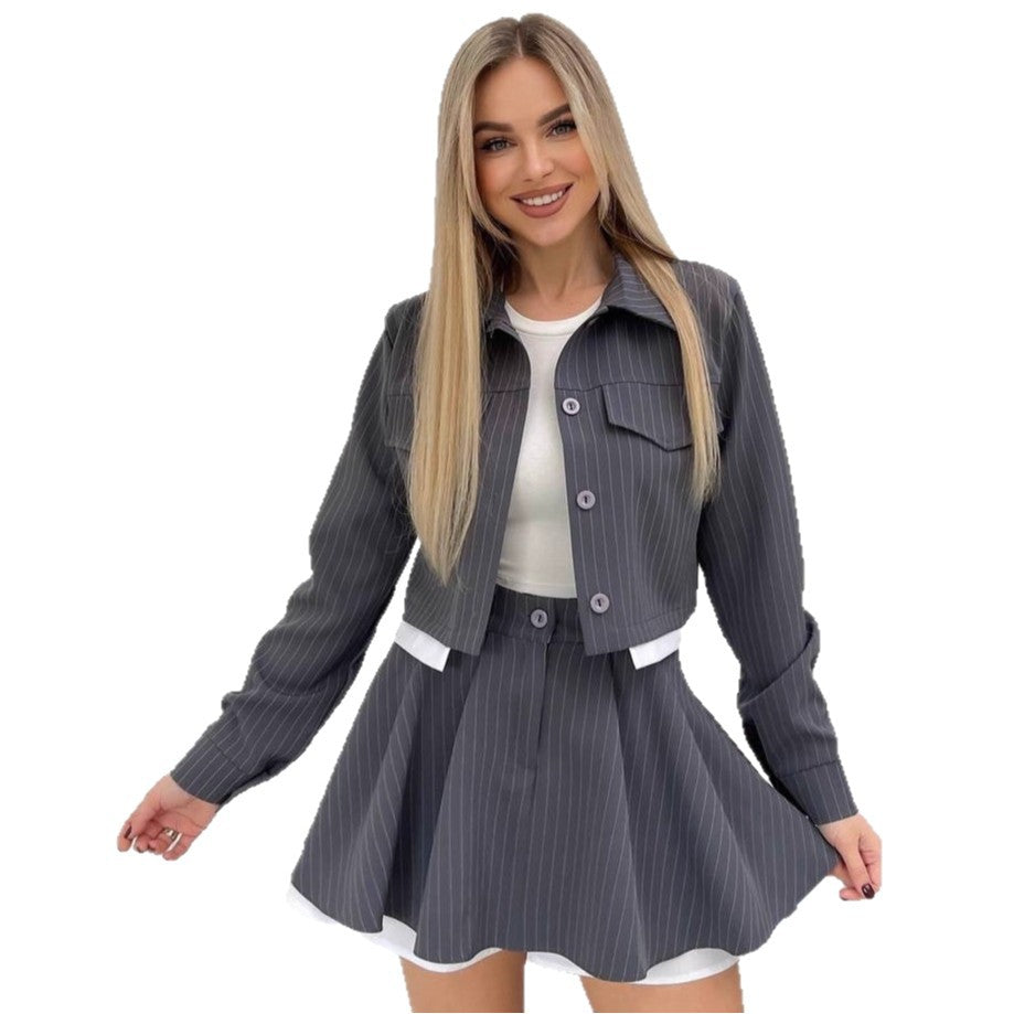 Cross-border European and American new women's clothing short cardigan jacket loose straight pleated skirt  high-end striped suit