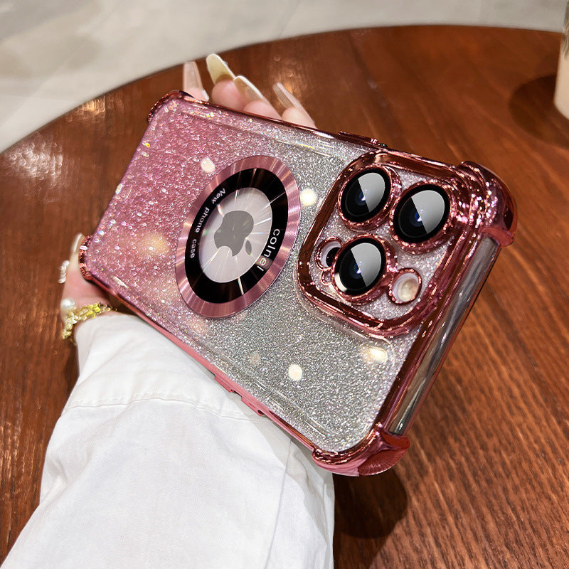 Suitable for iphone17pro electroplated four-corner lens film mobile phone case apple 15 glitter magnetic holder protective cover