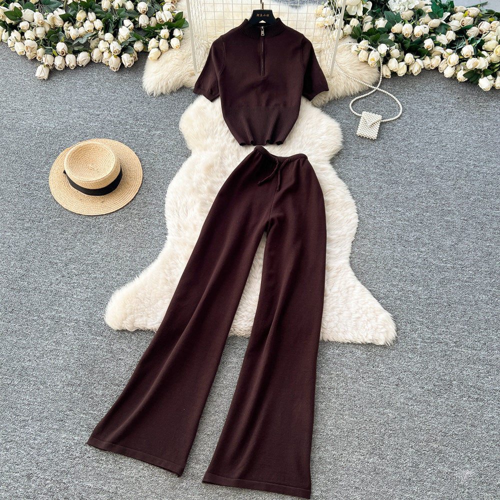 K-stylework clothing style silmtwo-piece set female summernew arrival short-sleeved tops slightly flared pants easiest for matchfashionhigh waistsuit