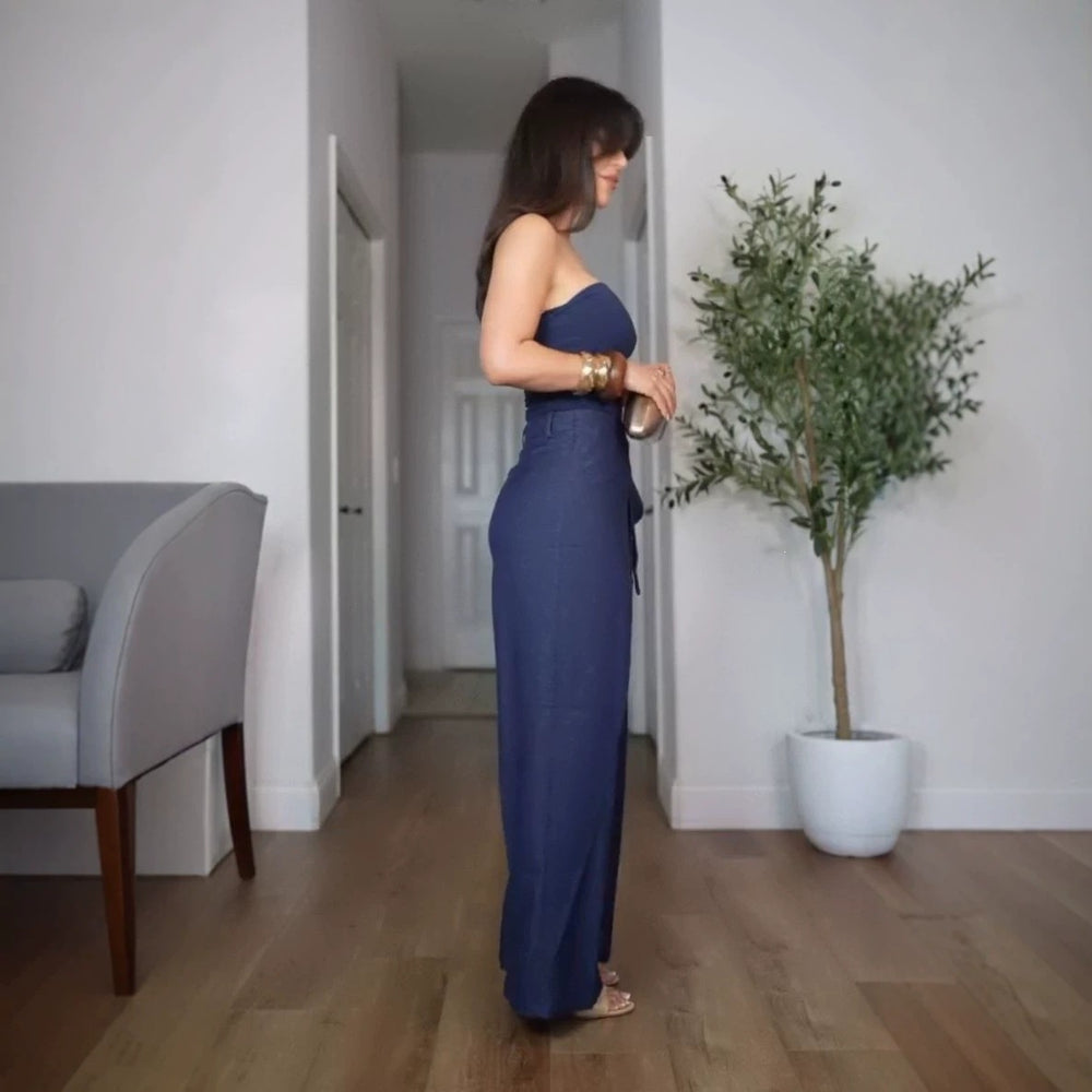 European and american  women's clothing  new bandeau top, minimalist chic blouse, relaxed sweet & cool wide-leg pants two-piece set