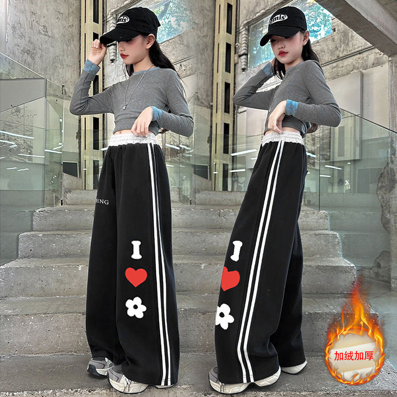 Girls'  fleece-lined casual autumn new arrivals: wide-leg pants for girls, heart-patterned sweatpants for students, loose-fit pants for mid-to-large children