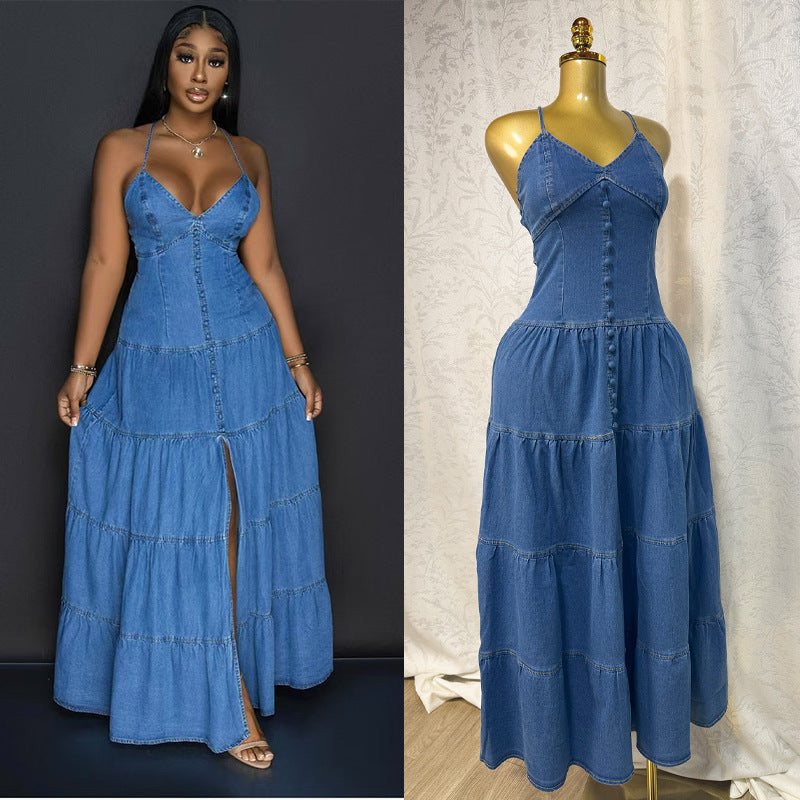 European and american export women's summer new sexy fashion v-neck camisole backless tie-up denim dress cake maxi dress