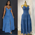 European and american export women's summer new sexy fashion v-neck camisole backless tie-up denim dress cake maxi dress