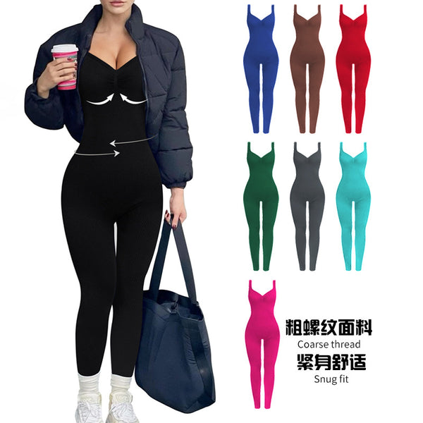 V-neck backless thick threaded jumpsuit women's fixed shoulder strap sports shapewear seamless hip lift yoga suit