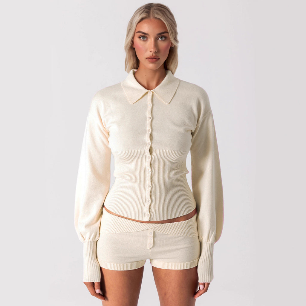 Cross-border Europe, America and 2025 autumn new women's clothing fashion lapel cardigan top niche design shorts two-piece set