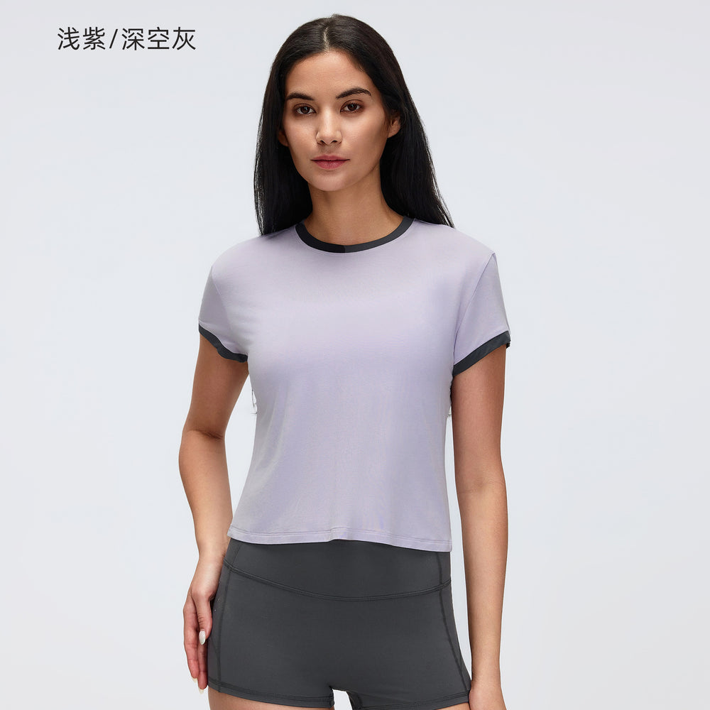 Color block shoulder cropped activewear tee - women's summer solid color crew neck sports yoga top d26053