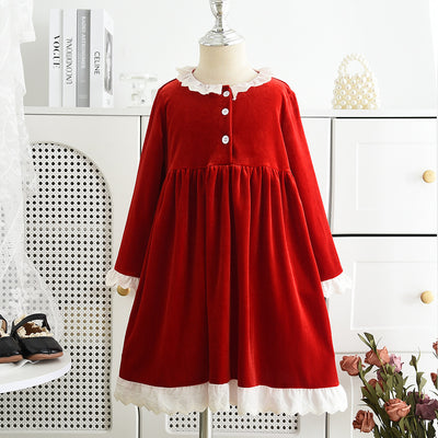 Girls' autumn/winter new arrival: elegant lace collar dress - christmas party dress, vintage lace trim princess dress