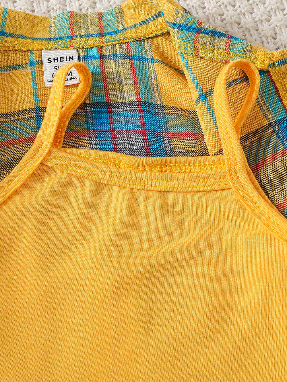 Trendy and playful yellow gingham shirt, jeans, and tank top three-piece set