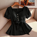 Simple square neck heart-shaped collar solid color blouse with puff sleeves and belted waist – slimming and elegant women's apparel, 1688 source