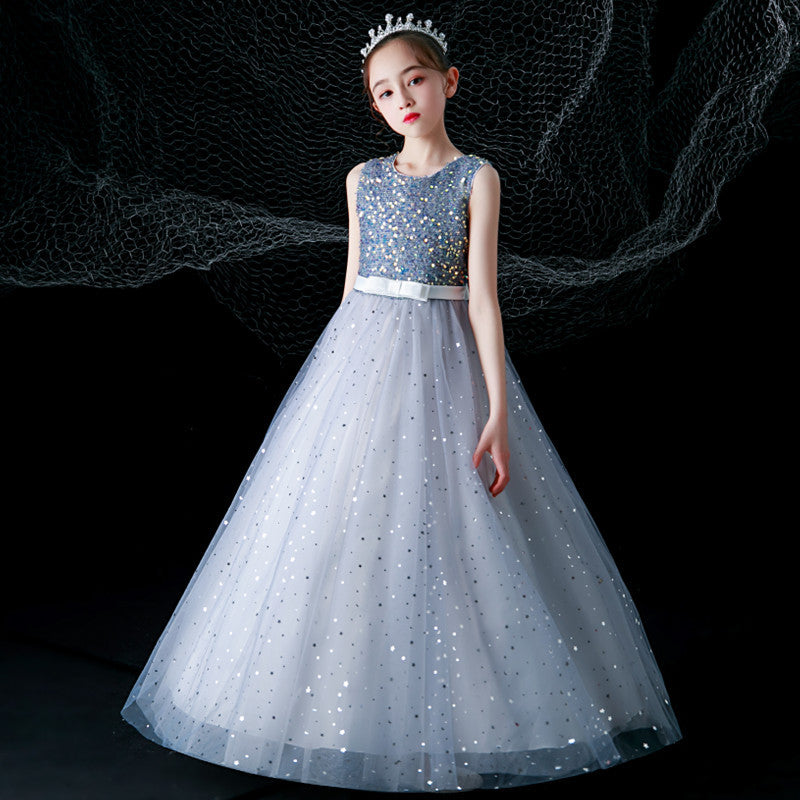 Custom children's long wedding dress gown tulle princess dress for girls ages 3-15, perfect for children's day performances