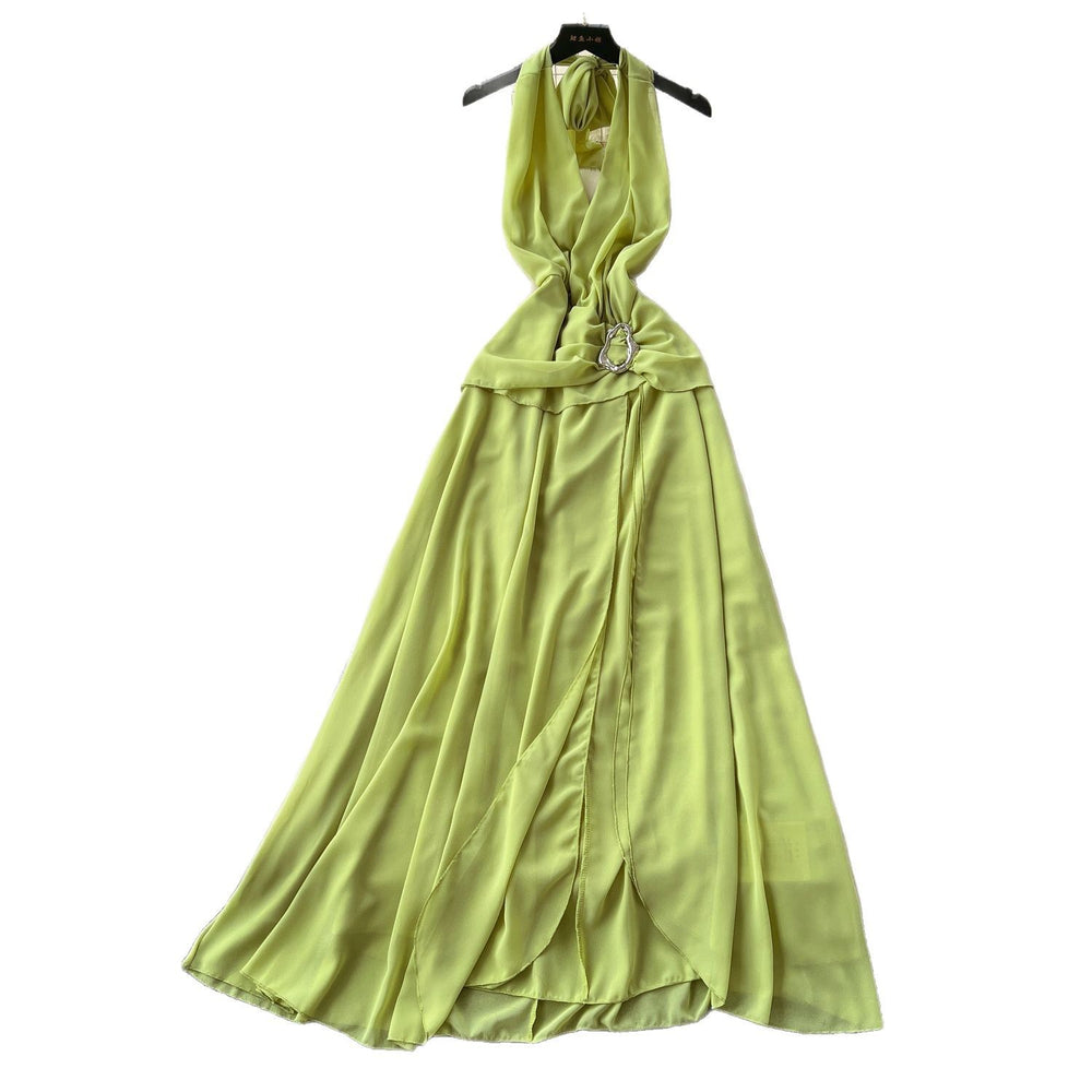 2025 summer new french style sleeveless halter neck tie backless dress women's pleated waist slit maxi dress