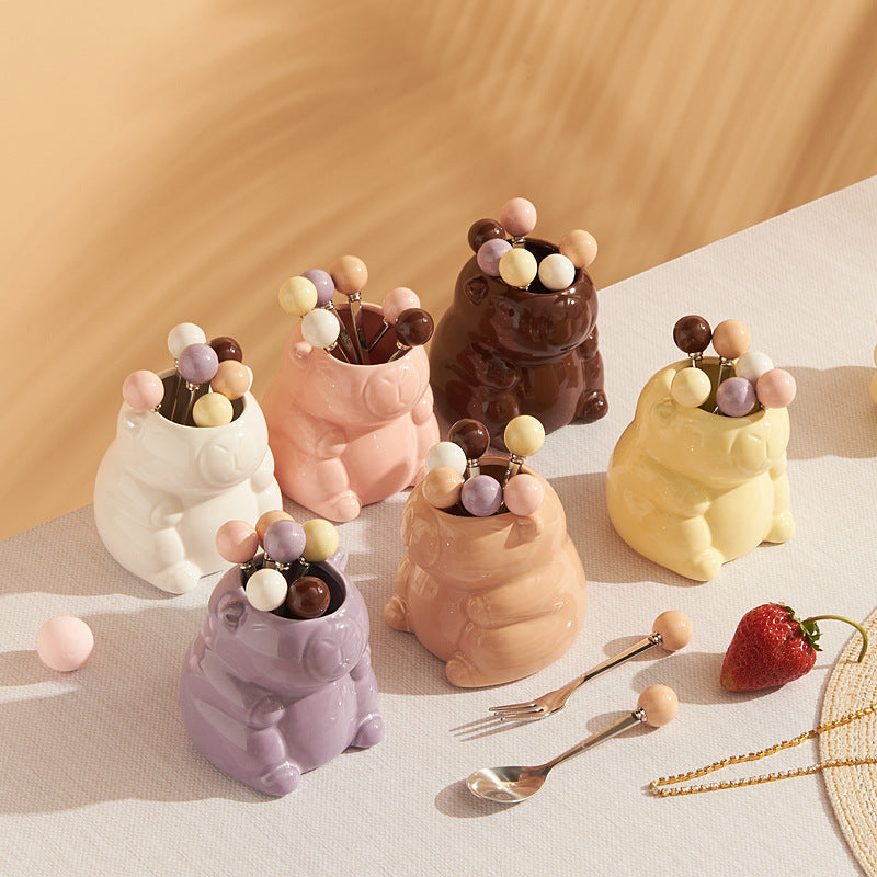 Cream style capybara ceramic fruit fork suit afternoon tea fruit fork spoon restaurant cafe fork spoon wholesale