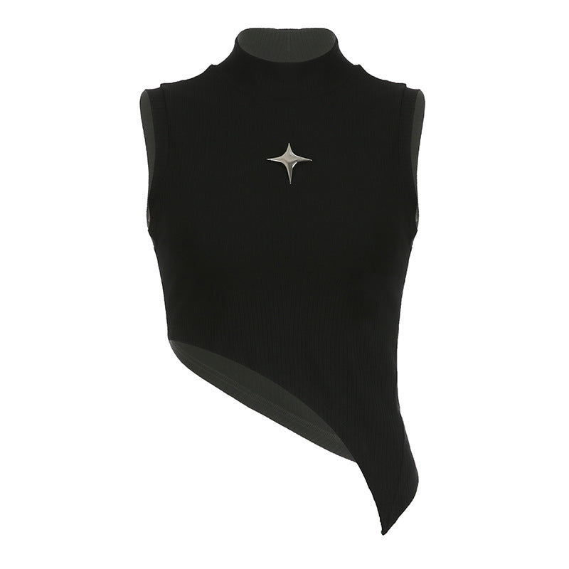 European and American fashion metal five-pointed star decorative splicing semi-turtleneck sleeveless beveled slim top Spice girl vest