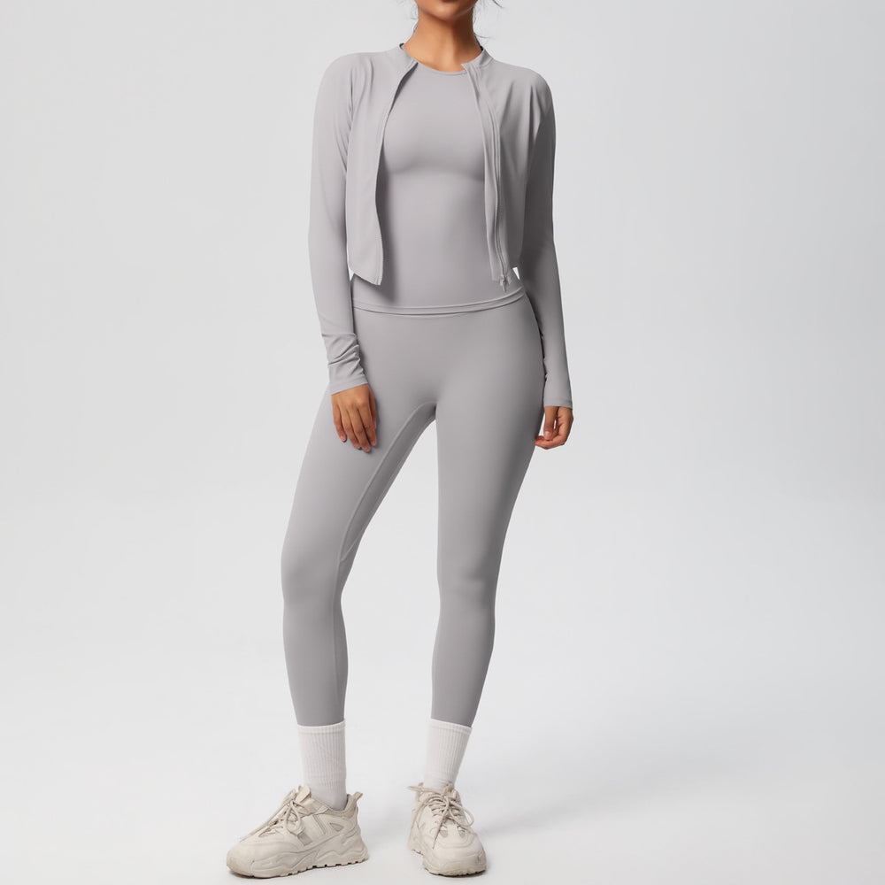 Ready-to-ship cross-border double-sided brushed microfiber seamless, breathable, and skin-friendly three-piece activewear set for women, perfect for running, fitness, and yoga