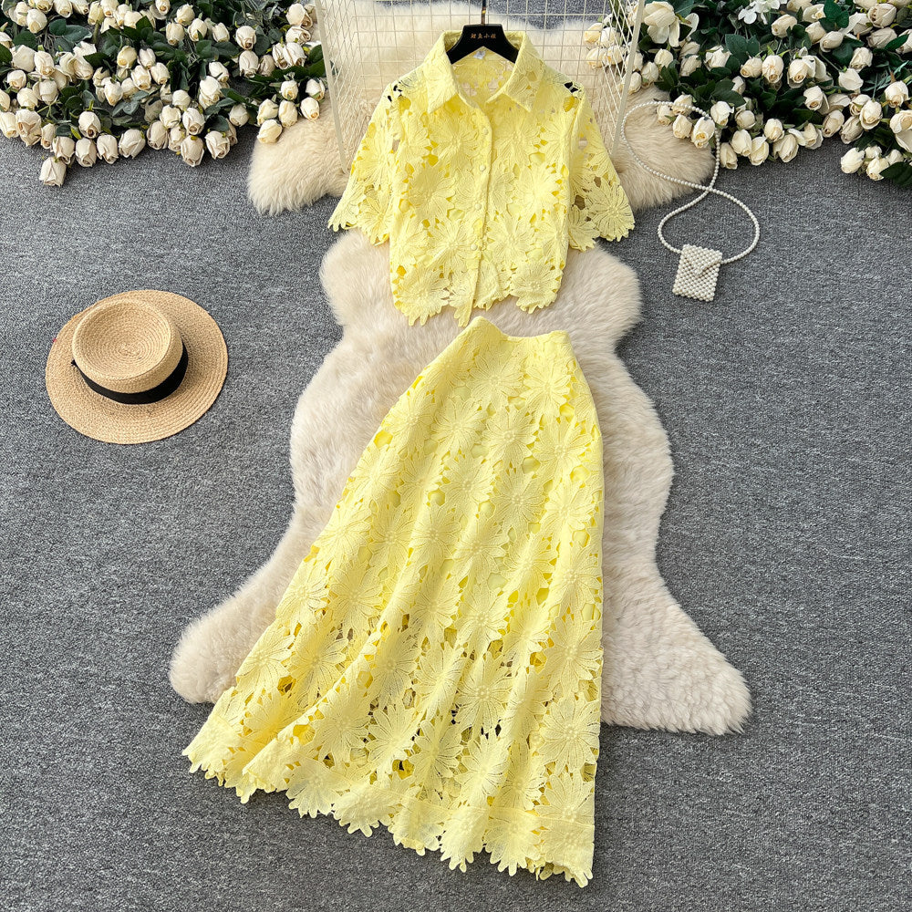 French chic cutout lace two-piece set: women's spring/autumn fashion commute outfit - short sleeve top & high-waisted midi skirt
