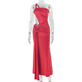 Fashion cross-border pure color women's clothing pleated silm exposed backpack hip asymmetrical skirt one shoulder cut out strap long dress